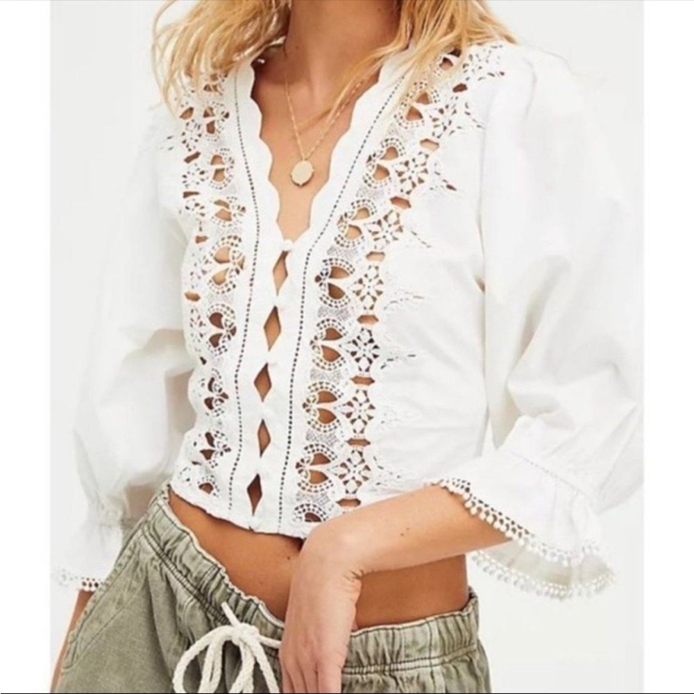 Free People FP Louella Lace Crochet Top Blouse White Boho Embroidered
